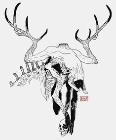 a black and white drawing of a deer with antlers on it's back