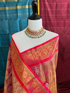 Exclusive Kanchivaram Tissue Silk Pure Zari Silk Saree | Metallic Pink Brocade Pattern, Paisley Motifs, Gold Brocade, Kanchipuram Silk Saree, Metallic Pink