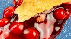 a piece of pie sitting on top of red liquid