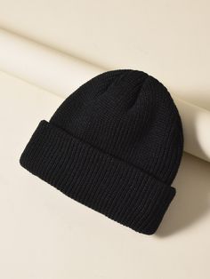 Black Casual   Acrylic Plain Beanie   Fall/Winter Women Accessories Black Winter Hats For Women, Black Beanie Aesthetic, Black Knit Hat, Quackity Cosplay, Black Beanie Outfit, Ghost Bunny, Black Winter Hat, Black Beanie Hat, Crochet Hat Patterns