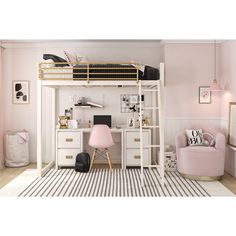 a loft bed with desk and chair in the corner, next to a pink chair