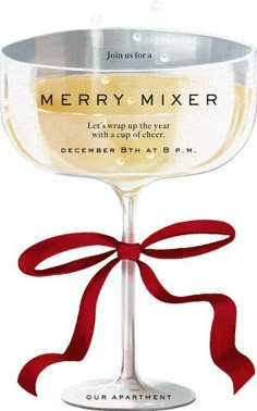 a wine glass with a red ribbon tied around it and the words merry mixer on top