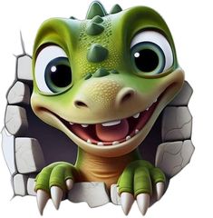 an image of a cartoon dinosaur with big eyes peeking out from behind a broken wall