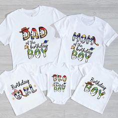 three t - shirts with the words dad, mom and baby printed on them