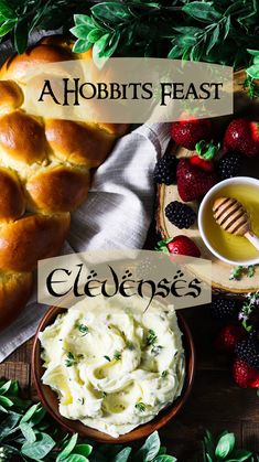 a table topped with bread, fruit and dip