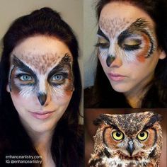 Owl Halloween makeup Hair Fall Mask, Owl Face Paint, Owl Makeup, Peacock Makeup, Animal Face Paintings, Owl Halloween, Animal Makeup, Theatre Makeup, Anime Makeup