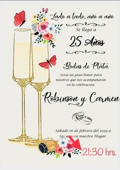 a wedding card with two champagne glasses and flowers on the bottom, in spanish language