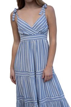 Striped Maxi Dress 100% Rayon V-Neck maxi dress with tie-knot strap V-neck Sundress With Knotted Straps For Day Out, V-neck Tie Back Maxi Dress For Day Out, Casual V-neck Dress With Crisscross Straps, Summer V-neck Maxi Dress With Tie Fastening, Chic V-neck Maxi Dress With Knotted Straps, Brunch Sundress V-neck Maxi Dress, Casual Summer Maxi Dress With Crisscross Straps, Summer V-neck Maxi Dress With Straps, Casual V-neck Dress With Knotted Straps