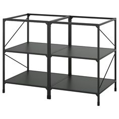 the shelf is black and has three shelves on each side, with one section open