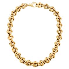 Splendid vintage fancy link necklace in radiant 18 karat yellow gold. The necklace design features a series of interlocked twisting ellipses which combine to create an impression of highly-stylized rope knots. Links are masterfully crafted and alternating position of their ellipses give this necklace wonderful volume and 3-dimensional sculptural quality. High-polish solid yellow gold surface is incredibly luminous and gives necklace an air of opulence. The necklace is finely articulated and drap Luxury 22k Gold Exquisite Necklace, Luxury Yellow Gold Recycled Gold Necklace, Sculptural Necklace, Rope Knots, Necklace Design, Link Necklace, Necklace Bracelet, Necklace Designs, Necklaces Bracelets