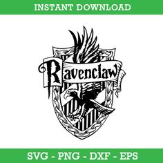 the ravenclaw logo is shown in black and white, with an arrow above it