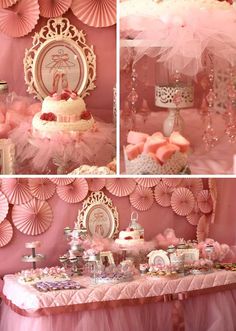 a collage of photos with pink decorations and cake