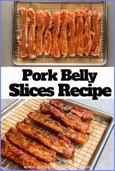 pork belly slices on a wire rack and in the process of being cooked with bbq sauce