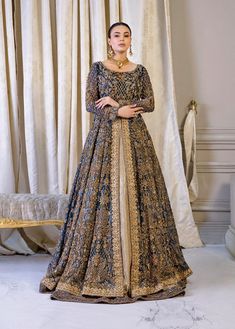 Pakistani Bridal Dress in Open Frock and Lehenga Style is a traditional masterpiece adorned with Intricate Embroidery, Sequins, and Motifs. Custom sizes. Blue Pakistani Bridal Dress, Pakistani Gowns, Pakistani Bridal Dress, Pengantin India, Walima Dress, Desi Wedding Dresses, Asian Bridal Dresses, Latest Bridal Dresses, Makeup Tip