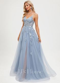 A-line V-Neck Floor-Length Tulle Prom Dresses (018289793) - JJ's House Light Blue Prom Dress V Neck, Prom Dress With Back Covered, Prom Dresses2024, Flowy Prom Dresses Long, Junior Prom Dresses Long, A Line Tulle Dress, Prom Dress Flowy, Premier Dresses, Aline Prom Dress