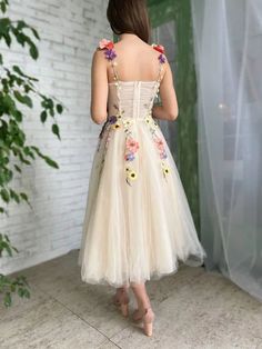 Tea Length Straps Homecoming Dress With Flower Spring Prom Midi Dress With Floral Embroidery, Prom Dresses Flowers, Dresses With 3d Flowers, Midi Prom Dress, Tea Length Tulle, Flower Prom Dress, Champagne Prom Dress, Evening Gowns Elegant, Party Gown