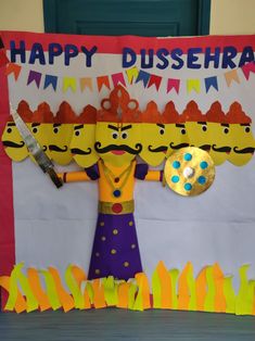 a paper cut out of a woman holding a plate and knife in front of a sign that says happy dusseria