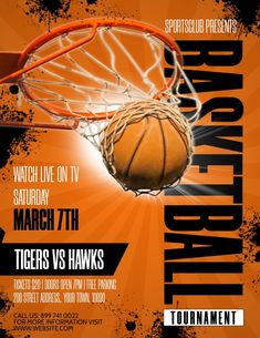 an orange and black poster with a basketball going through the hoop in front of it