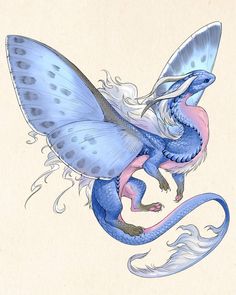 a drawing of a blue dragon with white wings and tail, sitting on its hind legs