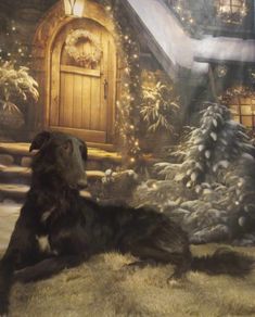 a painting of a dog sitting in front of a house with christmas lights on it