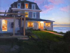 a painting of a house at night with the ocean in the background