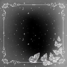 a black and white photo with butterflies in the frame, stars and swirls around it