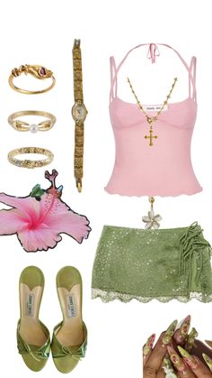 Green And Pink Summer Outfit, Summer Flower Outfits, Green And Pink Outfits For Women, Flower Inspired Outfits, Cleo H20 Outfits, Barbados Fashion, Casual Princess Outfits, Casual Sundress Outfit