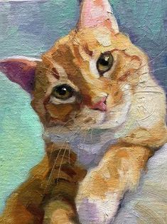 an oil painting of a cat sitting on top of a white pillow and looking at the camera