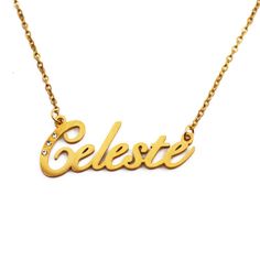 Exceptionally high quality product at an amazing price! Perfect gift for any occasion. This fashionable necklace is available in yellow or white gold plated.  Adjustable chain ranging from 16-19 inches in length. We aim to dispatch the items within 24 hours of the order being placed*.  We will offer a replacement or a full refund if you are not entirely satisfied with any of our products. *Only applicable if the next day is a working day Celeste Name, Letter Images, Name Jewelry, Name Gifts, Box Bag, Grandma Gifts, Name Necklace, Gift For Women, Rose Gold Plates