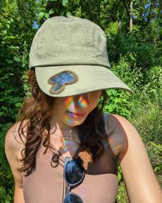 made to order baseball style hat with one prism suncatcher detail of your choice. Fits up to size 23 inch head. Green, black,  available. Rainbow hat, pride, hippy boho, goth, mushroom lover. Adjustable Curved Brim Baseball Cap For Festivals, Curved Brim Baseball Cap For Festivals, Festival Baseball Cap With Curved Brim, Bohemian Adjustable Baseball Cap For Festivals, Bohemian Baseball Cap With Curved Brim For Festivals, Bohemian Festival Baseball Cap With Curved Brim, Bohemian Black Cap Hat, Festival Black Beaded Hat, Black Brimmed Baseball Cap For Beach