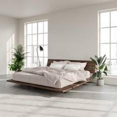 a bed sitting in the middle of a room next to two potted plantes