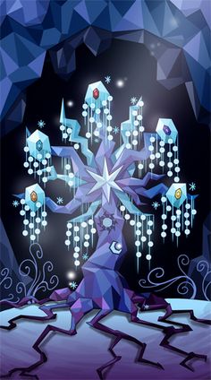 a stylized image of a snowflake in blue and purple colors with stars on it