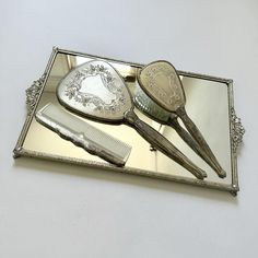 Vintage Victorian Style Brass Matching Vanity Set - Includes Hand Mirror, Hairbrush, Comb And Mirrored Vanity Tray This Vintage Set Will Be Stunning On Your Vanity! Featuring Antique Details And A Silver Floral Design. The Hairbrush Head Is Removable For Cleaning And Has Soft Bore Bristles. Mirror Is In Good Condition With Light Patina. Mirrored Tray Has A Red Burgundy Velvet Bottom, So It Will Not Slip On Your Dresser Or Vanity. Perfume Tray Decor, Vintage Hairbrush, Bridal Mirror, Victorian Vanity, Mirrored Vanity, Mirrored Tray, Victorian Mirror, Vanity Sets, Victorian Home Decor