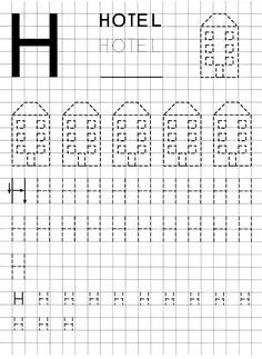 a cross stitch pattern with the words hotel on it and houses drawn in black ink