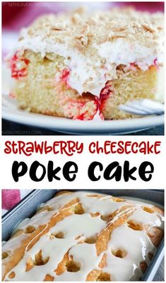 Strawberry Cheesecake Poke Cake- easy dessert to make for summer or potluck parties! Poke cake recipe to make! Valentine Poke Cake, Strawberry Cream Cheese Poke Cake, Cherry Cheesecake Poke Cake, Cheesecake Poke Cake Recipes, Easy Desserts For Bbq Party, Summer Cake Mix Desserts, Poke Cupcake Recipes, Poke Hole Cake Recipes, Gluten Free Poke Cake