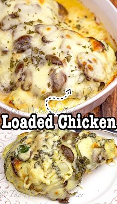 an image of loaded chicken casserole with cheese and mushrooms in it on a white plate