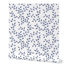 a blue and white wallpaper with leaves on the side, against a white background