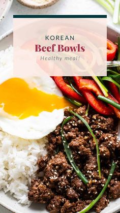 korean beef bowls with rice and vegetables on a white plate, topped with an egg