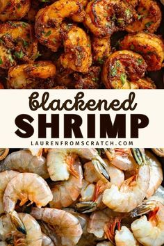 blackened shrimp in a skillet with text overlay