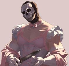 a skeleton dressed in pink holding a knife