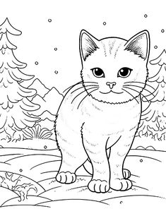 a black and white cat standing in the snow with pine trees behind it on a snowy day