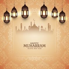 happy muharram islamic new year greeting card with hanging lanterns and mosque silhouettes