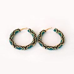 Handmade Small Hoop Turquoise Beaded Earrings, Handmade Turquoise Hoop Earrings With Round Beads, Green Hoop Earrings With Tiny Beads, Green Beaded Hoop Earrings, Turquoise Beaded Hoop Earrings, Thick Hoop Earrings, Turquoise Hoop Earrings, Oversized Earrings, Turquoise Hoops