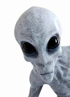 an alien is staring at the camera with big eyes on his face and head, while standing in front of a white background