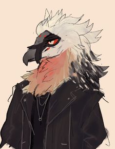 a drawing of an eagle wearing a leather jacket with red eyes and white hair,