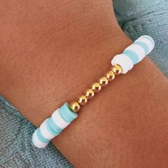 This is a normal clay bead bracelet! Matching Preppy Bracelets, Polymer Clay Beads Jewelry, Diy Clay Beads Bracelet, Flat Bead Bracelet Ideas Preppy, Clay Heishi Bead Bracelets, Best Friend Bracelets Clay Beads, Tropical Clay Bead Bracelets, Polymer Clay Bracelet Ideas Preppy, Clay Bead Bracelet Blue