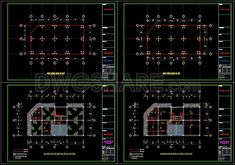 four blueprints showing different types of building plans and their corresponding sections are shown