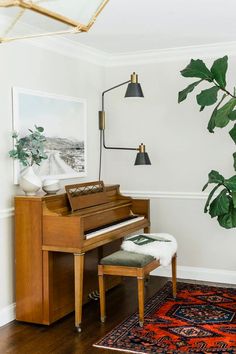 a living room with a piano, rug and potted plant on the floor in front of it