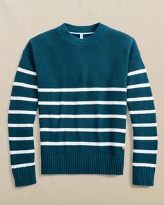 The front view of the Southern Tide Haisley Stripe Crew Neck Sweater by Southern Tide - Teal Haze Fall Workwear Sweater With Striped Hem, Cotton Sweater With Striped Hem For Fall, Striped Sweater With Ribbed Cuffs For Work, Father Son Outfits, Womens Matching Sets, Boys Swim Trunks, Southern Tide, Rich Color Palette, Sweater Style