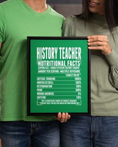 two people holding up a sign that says history teacher nutritional fact